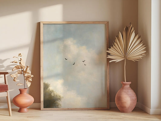 Vintage Cloud Painting Print, Plank & Pillow Wall Art, Large Landscape Decor for Home