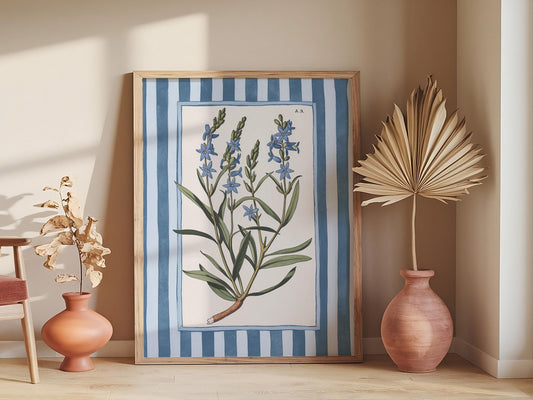 Grandmillennial Stripe Floral Prints, Nancy Meyers-Inspired Art, Botanical Blue Teal Pink Wall Decor