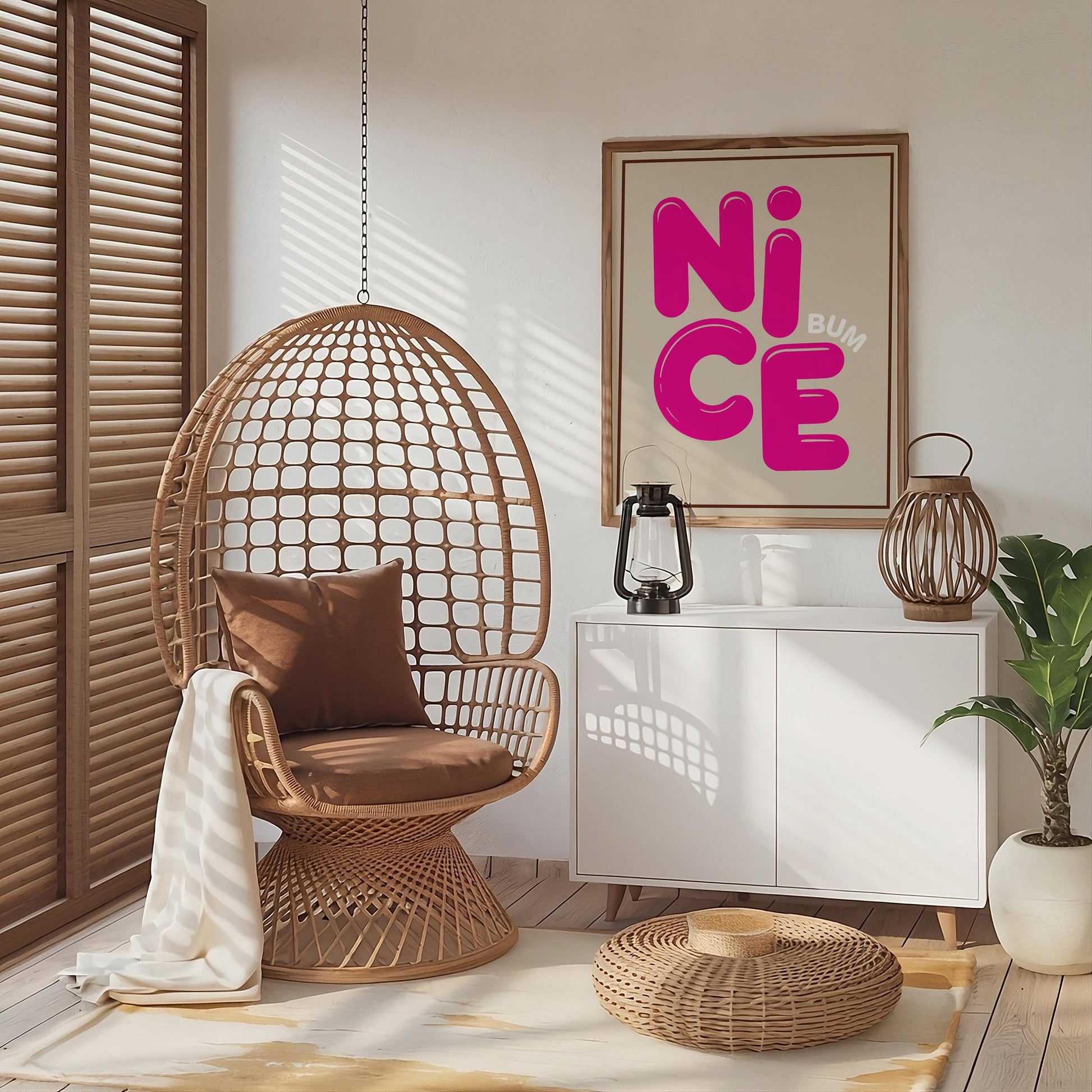 Nice Bum Funny Bathroom Poster, Bold Typography Restroom Art, Neutral Bedroom Wall Decor
