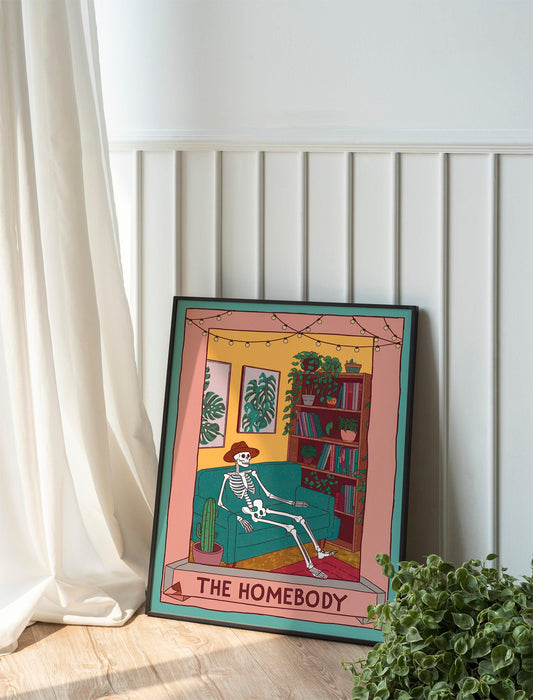 Cute Skeleton Print, Homebody Tarot Card Club Poster, Living Room Decor, Spooky Trendy Wall Art