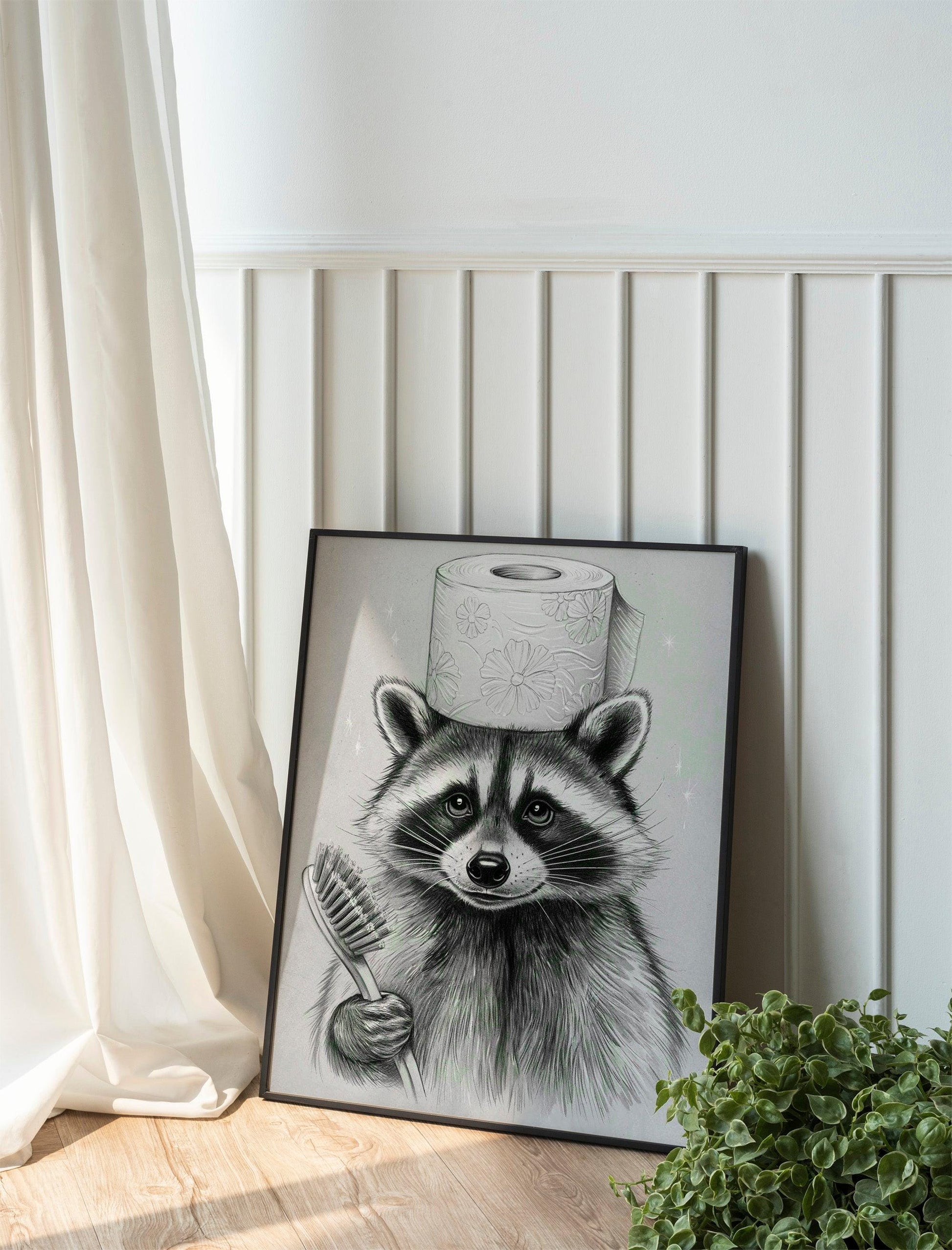 Funny Raccoon Bathroom Prints – Sketch painting Wall Art, bathroom art, bathroom wall decor