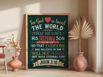 Christian Wall Art with John 3:16 Scripture, Decorative Faith-Inspired Design, Religious Home Decor, Inspirational Bible Verse Artwork