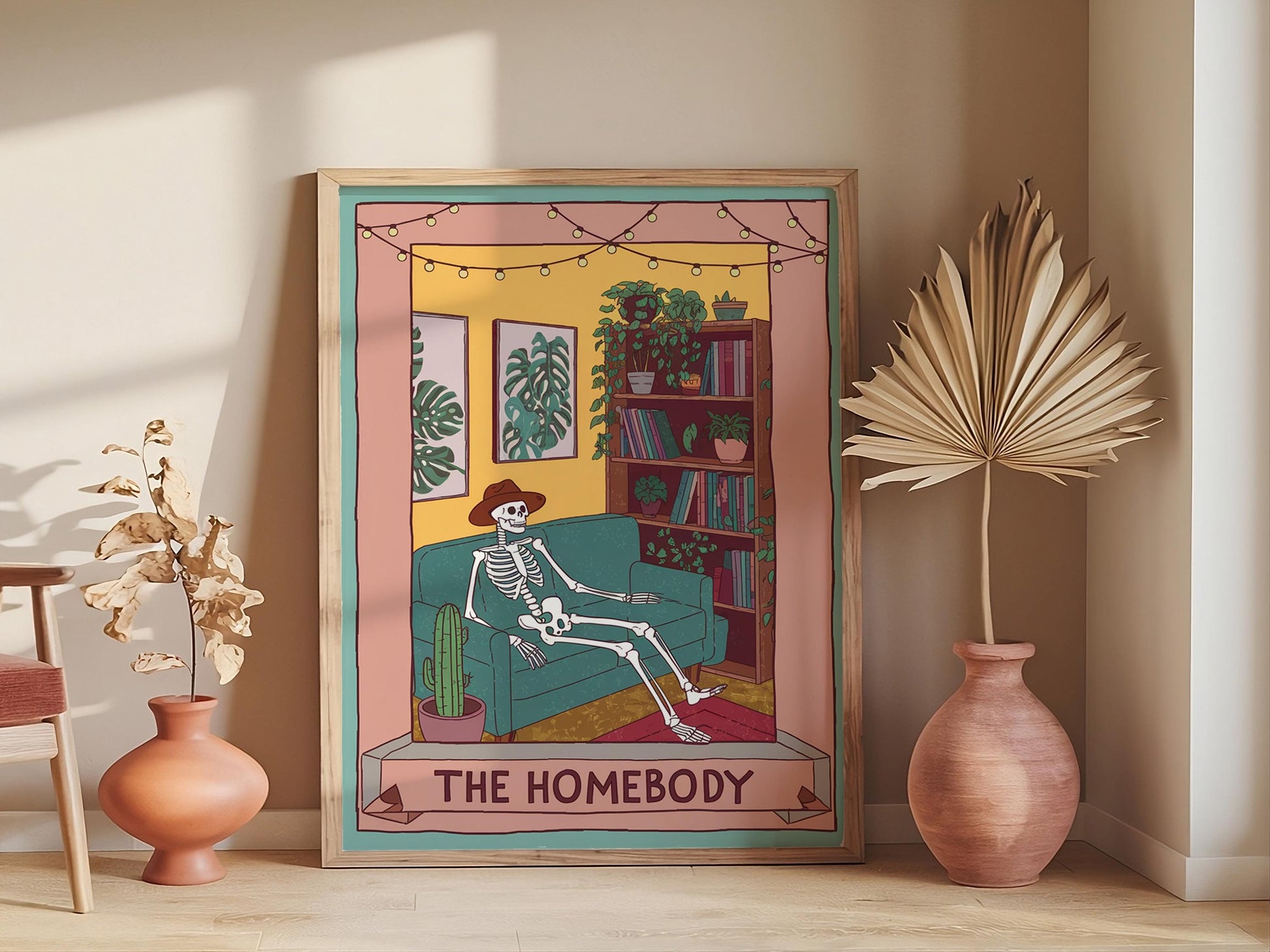 Cute Skeleton Print, Homebody Tarot Card Club Poster, Living Room Decor, Spooky Trendy Wall Art