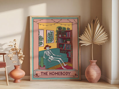 Cute Skeleton Print, Homebody Tarot Card Club Poster, Living Room Decor, Spooky Trendy Wall Art