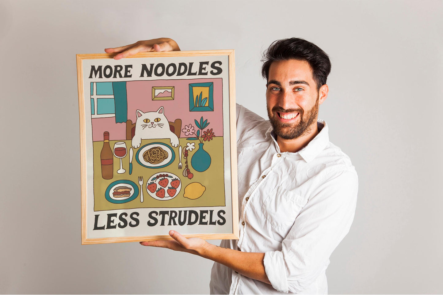 Spaghetti Cat Poster, Retro Diner Print, Italian Kitchen Wall Art, Unique Bistro Pasta Decor