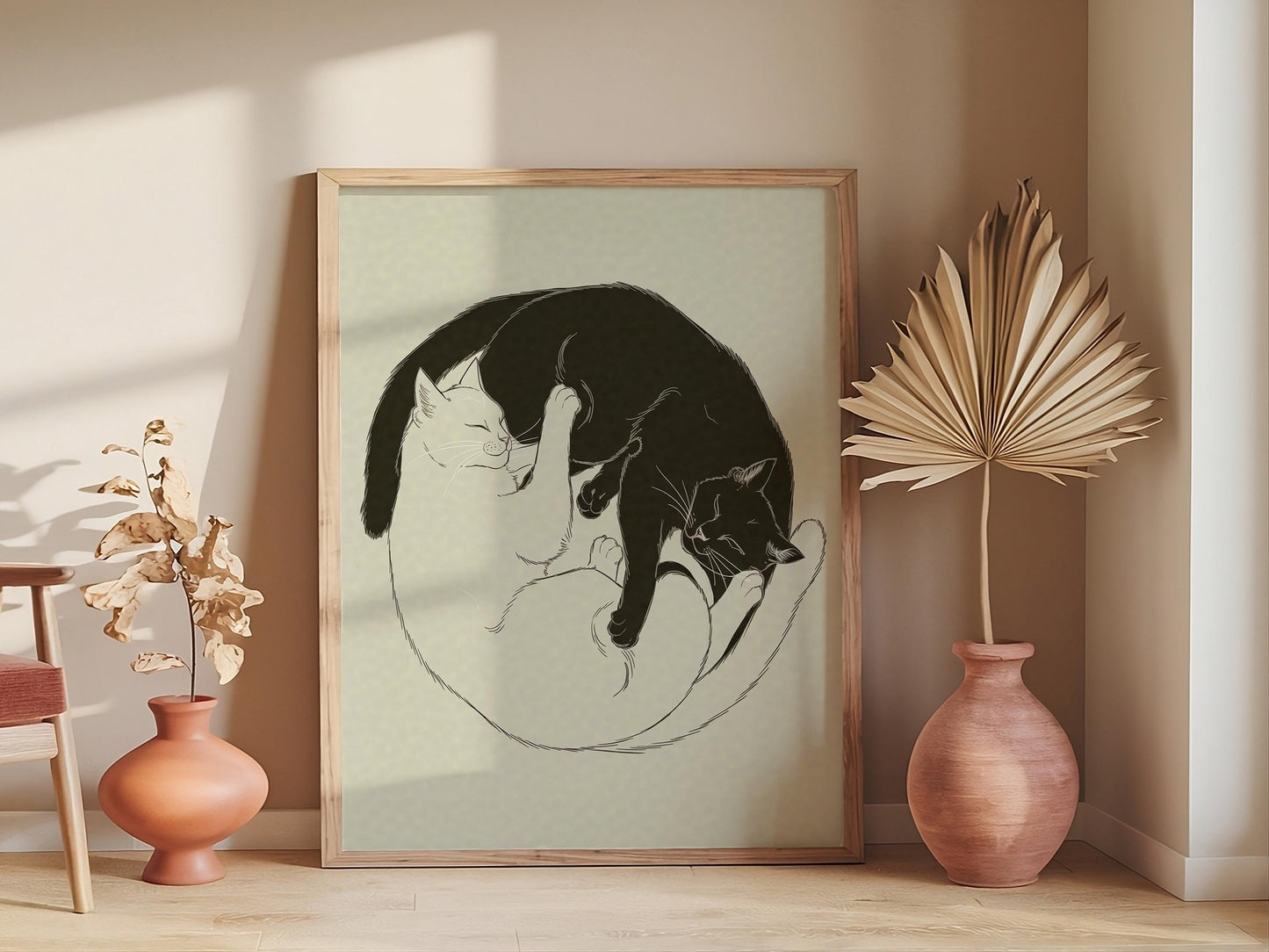 Yin and Yang Cats Print, Funny Pets, Boho Art Painting Framed Poster Canvas Cute Black Cat Lover Gift Eclectic Minimalist Wall Art Home