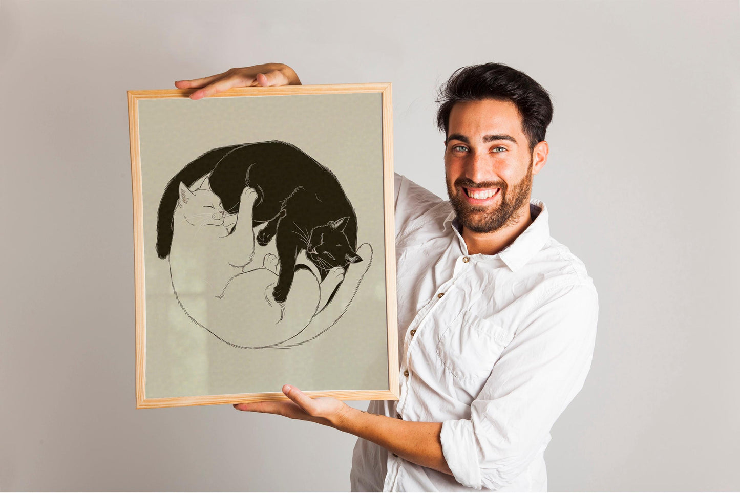 Yin and Yang Cats Print, Funny Pets, Boho Art Painting Framed Poster Canvas Cute Black Cat Lover Gift Eclectic Minimalist Wall Art Home