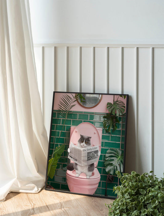 Funny Bathroom Cat Poster, Toilet Humor Wall Decor, Pooping Cat Print for Bathroom or Restroom Art.