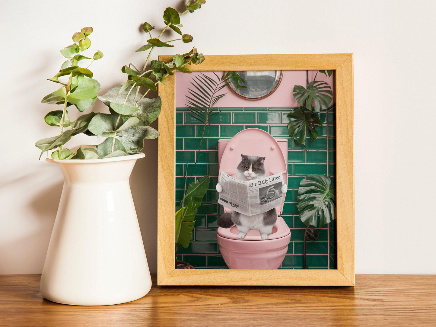 Funny Bathroom Cat Poster, Toilet Humor Wall Decor, Pooping Cat Print for Bathroom or Restroom Art.