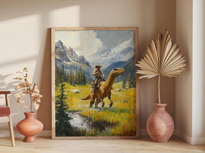 Vintage Dinosaur Cowboy Art, Western Jurassic Painting, Funny Gift Print, Dinosaur Oil Art for Hi