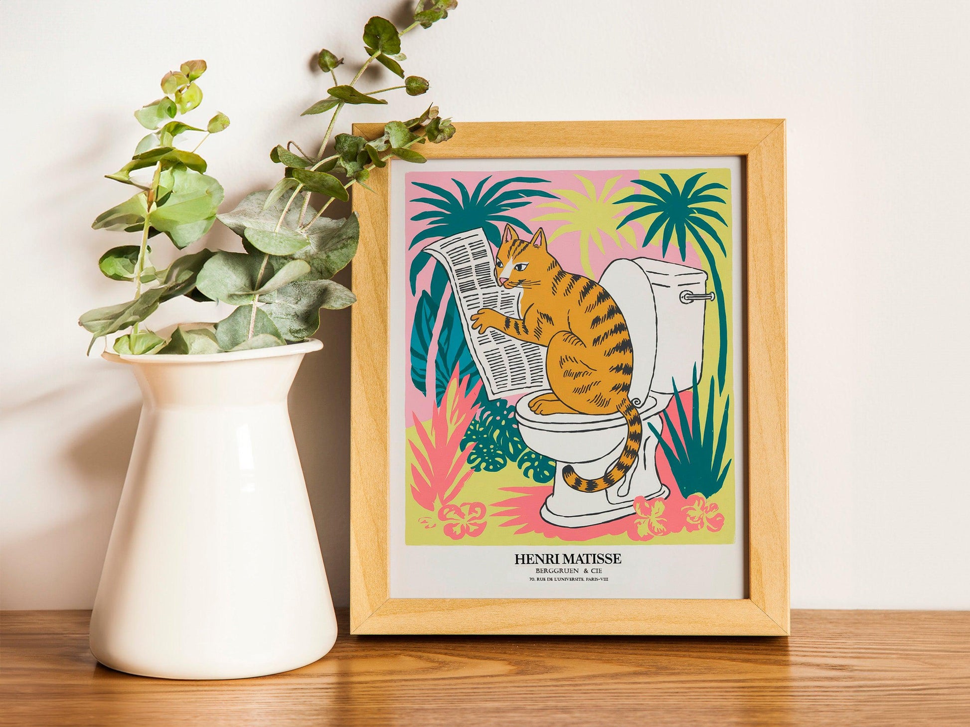 Funny bathroom wall art, Matisse print, Pink dopamine decor, Mid century modern art, Tabby cat on a toilet