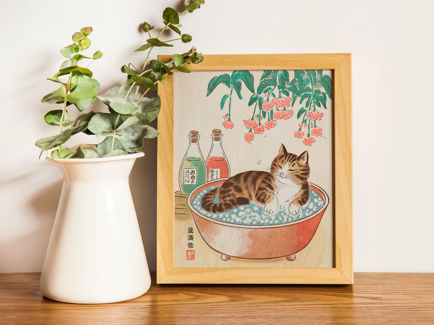 Minimalist Japanese Cat Poster, Tabby Cat in Bathtub, Neutral Bathroom Art for Modern Wall Decor
