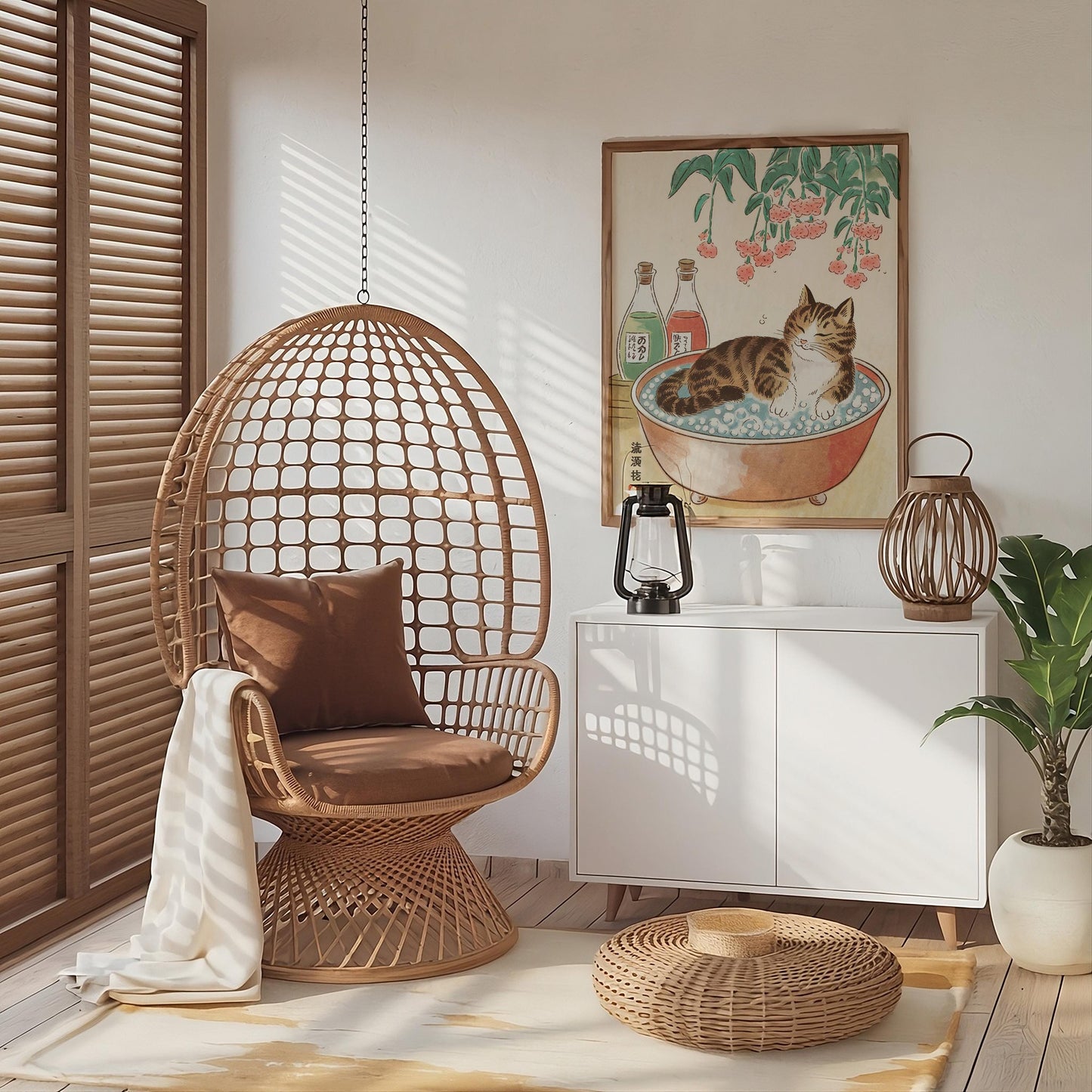 Minimalist Japanese Cat Poster, Tabby Cat in Bathtub, Neutral Bathroom Art for Modern Wall Decor