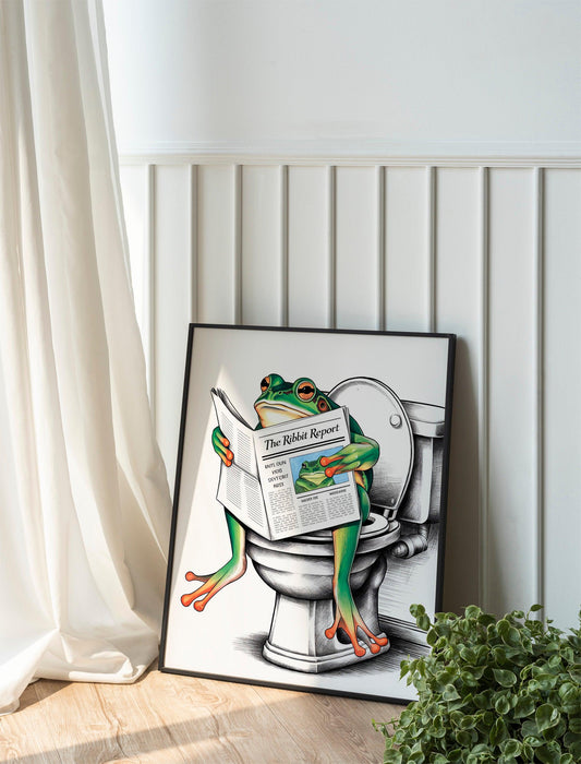 Frog on Toilet Poster, Retro Bathroom Art, Funny Digital Download Decor for Restrooms