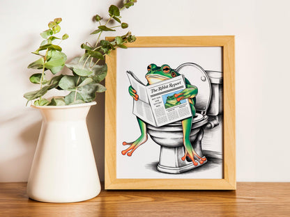 Frog on Toilet Poster, Retro Bathroom Art, Funny Digital Download Decor for Restrooms