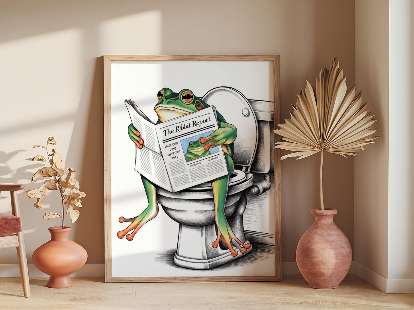 Frog on Toilet Poster, Retro Bathroom Art, Funny Digital Download Decor for Restrooms