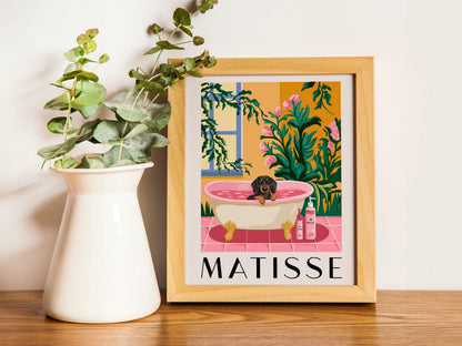 Dachshund in Bathtub Poster, Pink Dog Wall Art, Funny Bathroom Decor, Dopamine Aesthetic MidCentury Print.