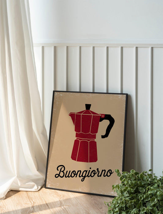 Handdrawn Moka Pot Wall Art, Joyful Coffee Maker Print, Espresso Lover's Poster, Printable Blue Kitchen Decor for Coffee Enthusiasts