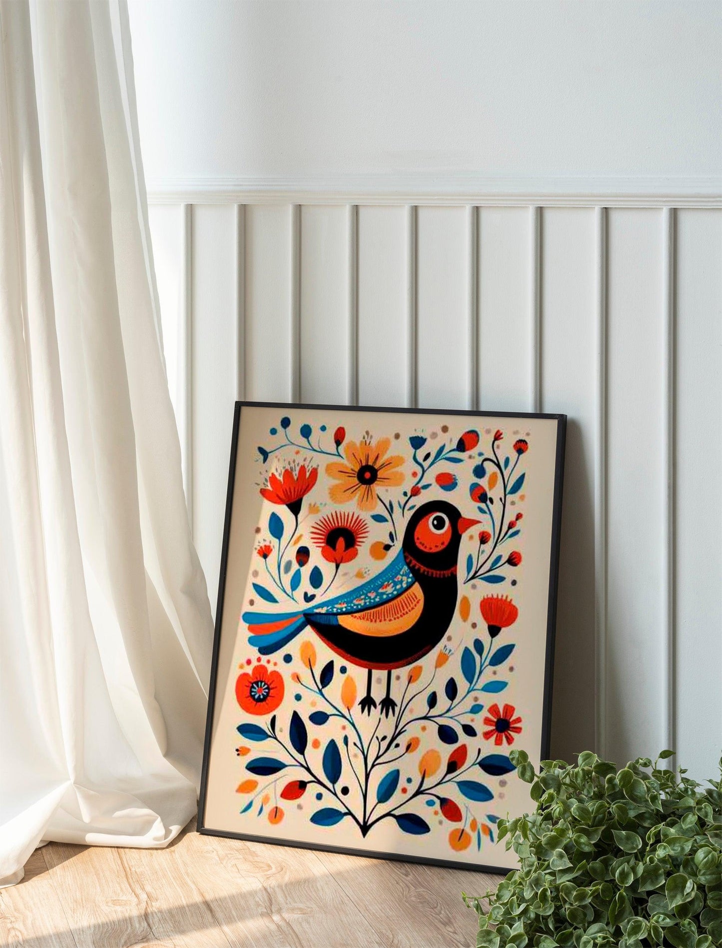 Scandinavian Folk Art Prints, Set of 2 Nordic Bird and Floral Posters, Bedroom or Cafe Wall Decor.