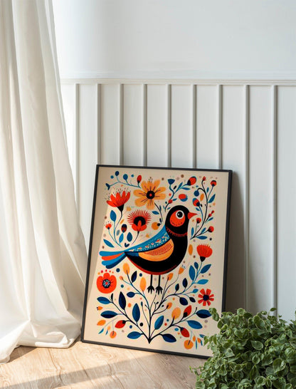 Scandinavian Folk Art Prints, Set of 2 Nordic Bird and Floral Posters, Bedroom or Cafe Wall Decor.