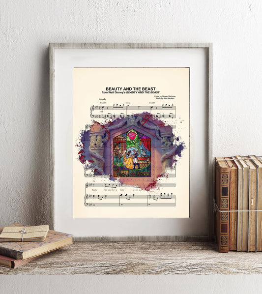 Beauty and the Beast Silhouette Stained Glass Tale As Old As Time Sheet Music Art Print