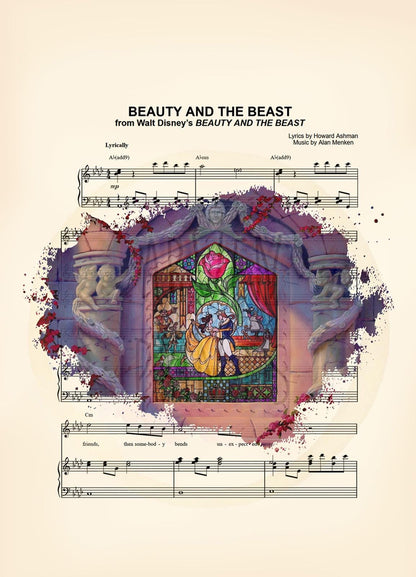 Beauty and the Beast Silhouette Stained Glass Tale As Old As Time Sheet Music Art Print