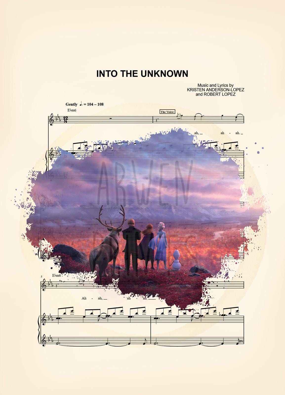 Frozen 2 Elsa, Anna, Olaf, Kristoff, Sven, Into the Unknown Splatter Frozen Sheet Music Art Print