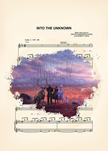 Frozen 2 Elsa, Anna, Olaf, Kristoff, Sven, Into the Unknown  Frozen Sheet Music Wall Art — Disney Gift for Music Lovers