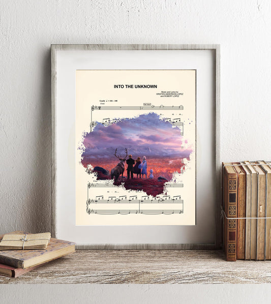 Frozen 2 Elsa, Anna, Olaf, Kristoff, Sven, Into the Unknown  Frozen Sheet Music Wall Art — Disney Gift for Music Lovers