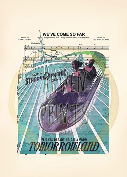 Space Mountain We’ve Come So Far , Disney Ride Art, Tomorrowland Art, Tomorrowland Print, Space Mountain Sheet Music Wall Art — Disney Gift for Music Lovers