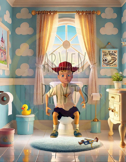 Toy Story Andy on Toilet Bathroom Art Print, Toy Story Bathroom Art, Funny Bathroom Print, Disney Bathroom Wall Art, Disney Bathroom Decor