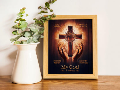 Way Maker Lyrics Wall Art - Inspirational Christian Artwork with Hands Shining Against a Dark Backdrop, Spiritual Home Decor to Enhance Any