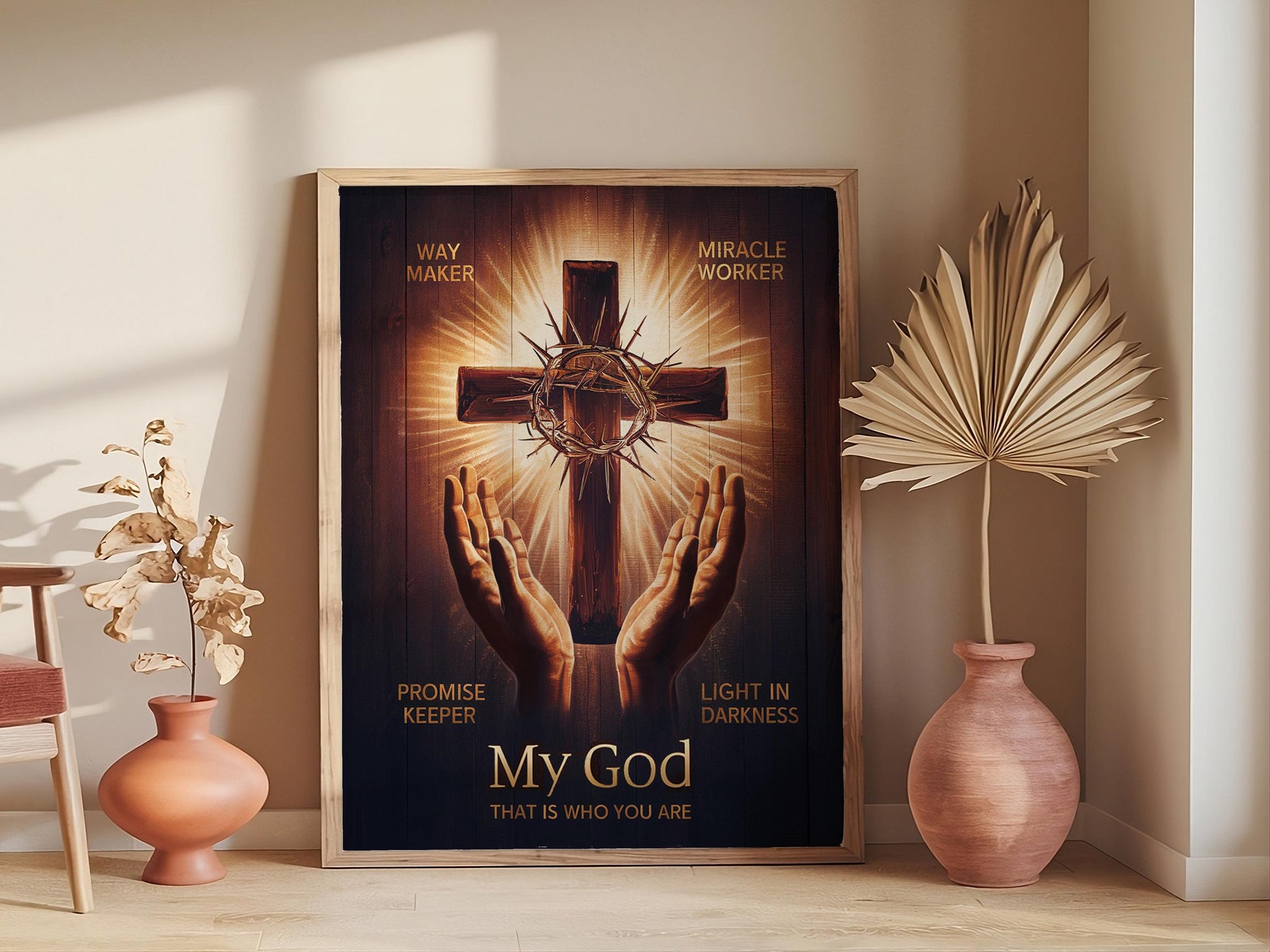 Way Maker Lyrics Wall Art - Inspirational Christian Artwork with Hands Shining Against a Dark Backdrop, Spiritual Home Decor to Enhance Any