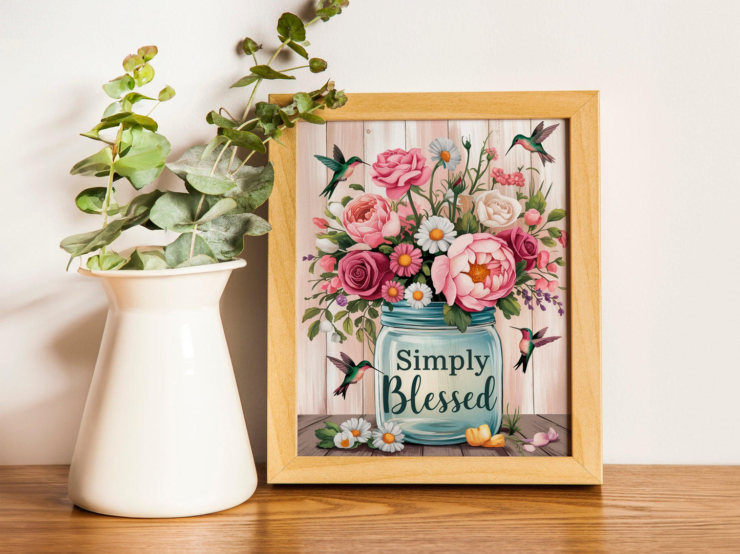 Simply Blessed Flower Vase Wall Art with Cute Birds, Cheerful Home Decor, NatureInspired Artwork, Uplifting Room Decor, Inspirational Gift