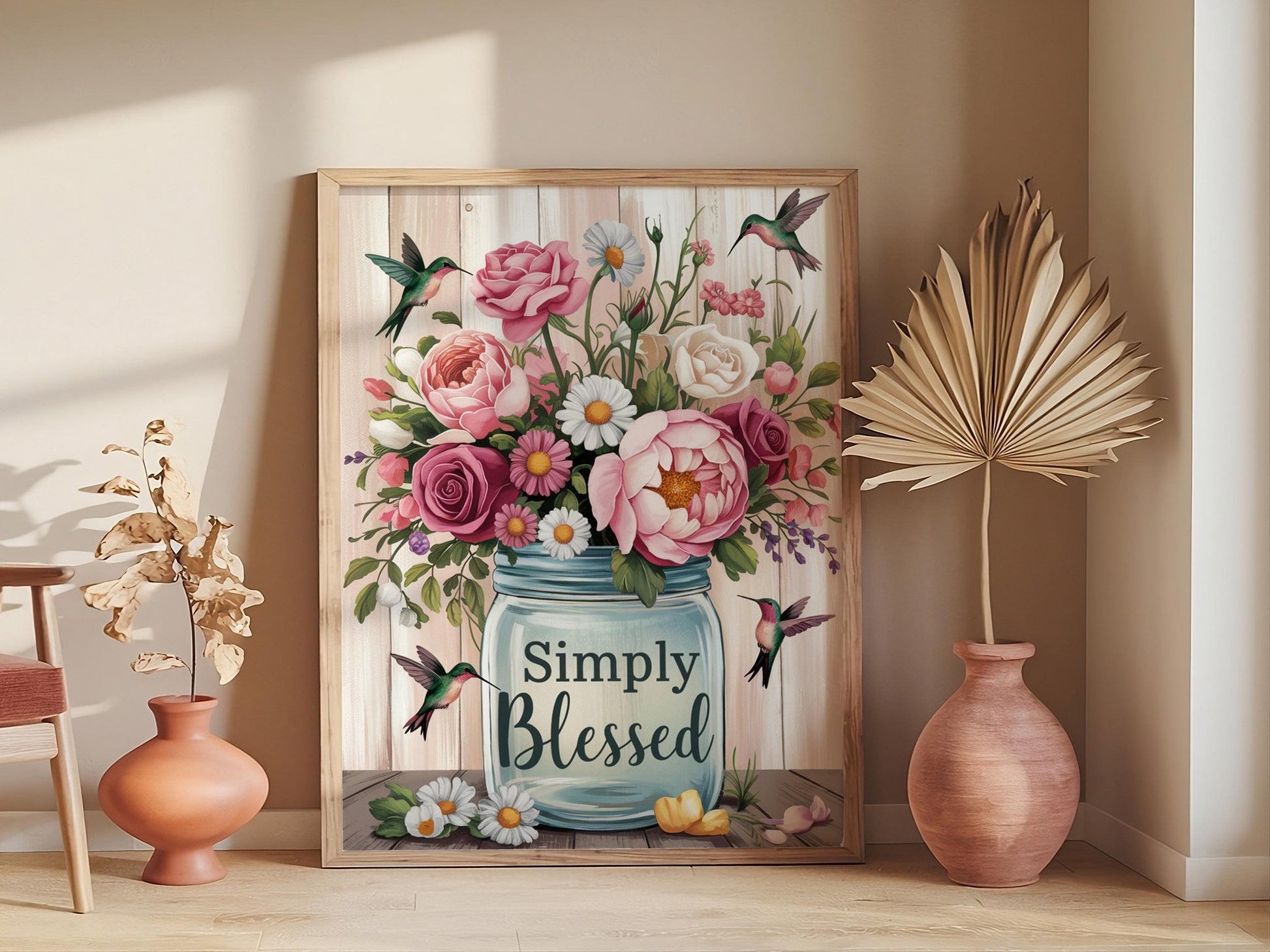 Simply Blessed Flower Vase Wall Art with Cute Birds, Cheerful Home Decor, NatureInspired Artwork, Uplifting Room Decor, Inspirational Gift