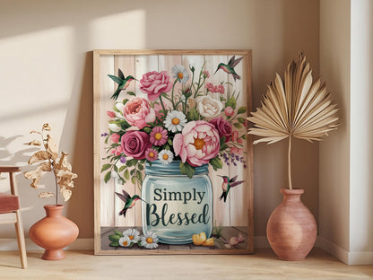 Simply Blessed Flower Vase Wall Art with Cute Birds, Cheerful Home Decor, NatureInspired Artwork, Uplifting Room Decor, Inspirational Gift