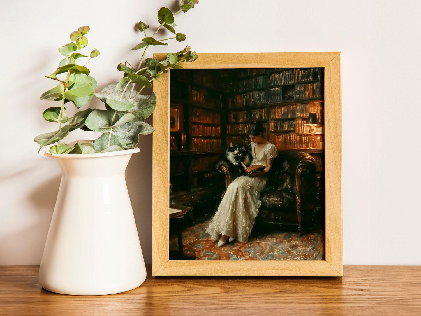 Cats in Library Moody Aesthetic Printable, Antique Style Home Decor for Book Lovers