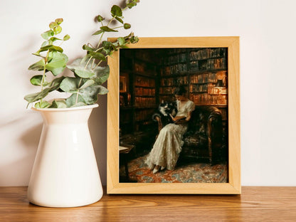 Cats in Library Moody Aesthetic Printable, Antique Style Home Decor for Book Lovers