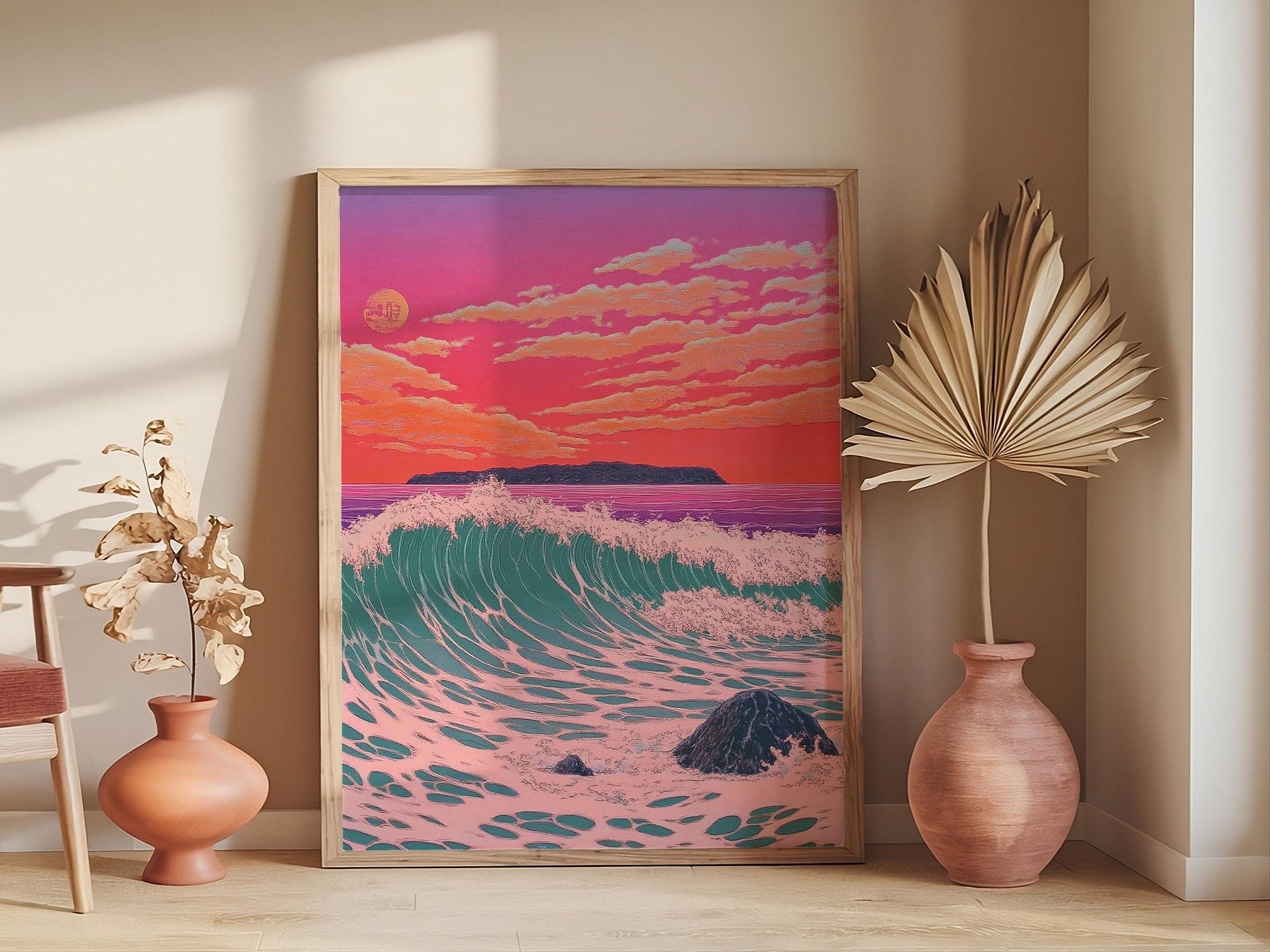 Japandi Decor, Ocean Poster Japanese Poster, Woodblock Art, Kawase Hasui Illustration, Sunset Wall Art
