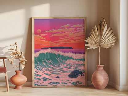 Japandi Decor, Ocean Poster Japanese Poster, Woodblock Art, Kawase Hasui Illustration, Sunset Wall Art