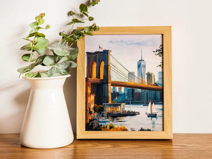 Brooklyn Bridge, modern contemporary painting, watercolor art, travel print