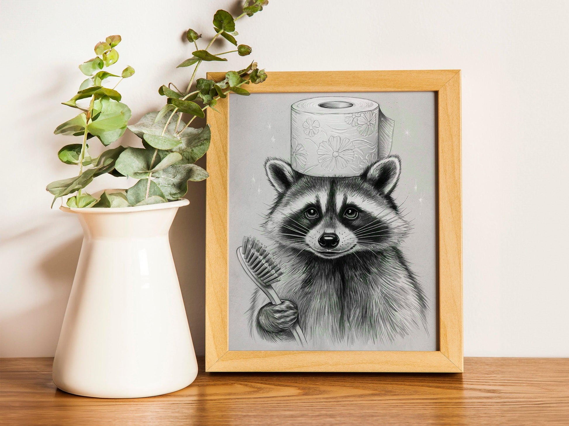 Funny Raccoon Bathroom Prints – Sketch painting Wall Art, bathroom art, bathroom wall decor