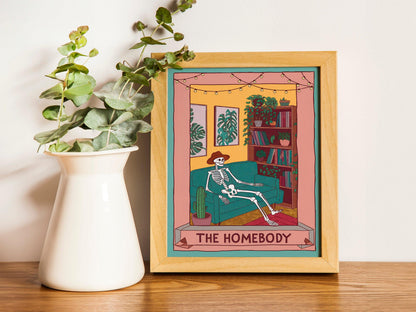 Cute Skeleton Print, Homebody Tarot Card Club Poster, Living Room Decor, Spooky Trendy Wall Art