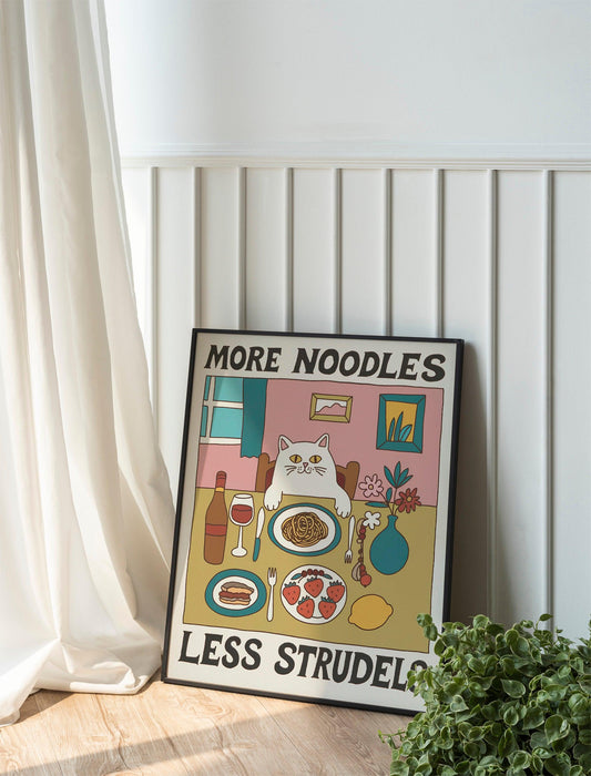 Spaghetti Cat Poster, Retro Diner Print, Italian Kitchen Wall Art, Unique Bistro Pasta Decor
