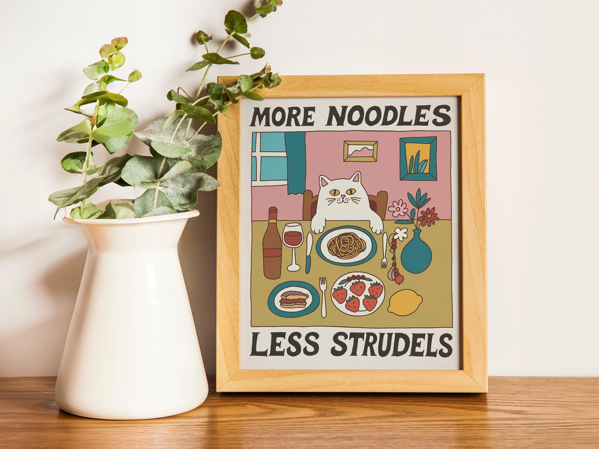 Spaghetti Cat Poster, Retro Diner Print, Italian Kitchen Wall Art, Unique Bistro Pasta Decor