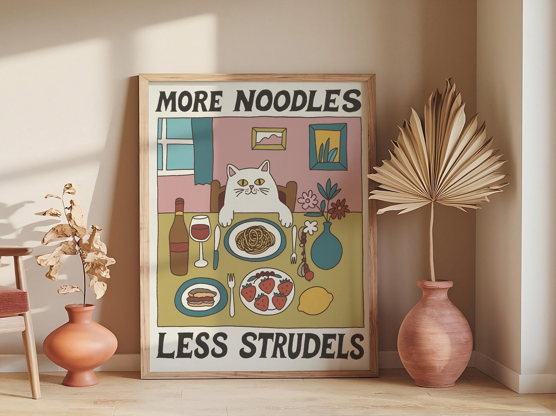 Spaghetti Cat Poster, Retro Diner Print, Italian Kitchen Wall Art, Unique Bistro Pasta Decor