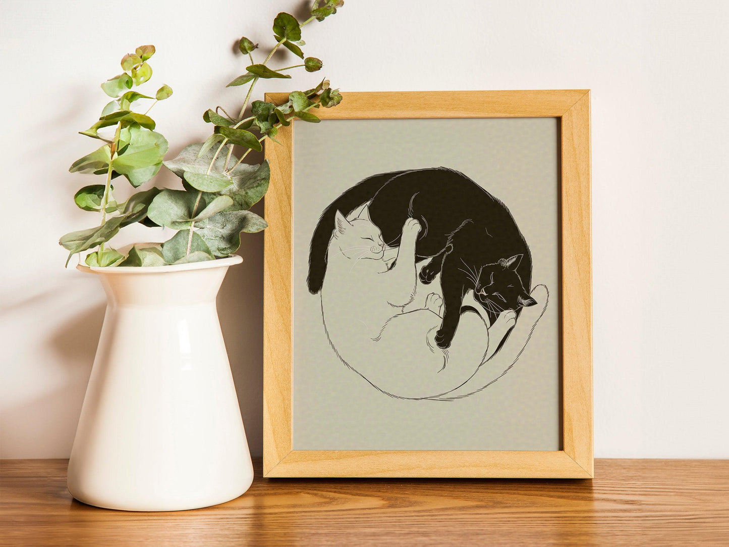 Yin and Yang Cats Print, Funny Pets, Boho Art Painting Framed Poster Canvas Cute Black Cat Lover Gift Eclectic Minimalist Wall Art Home