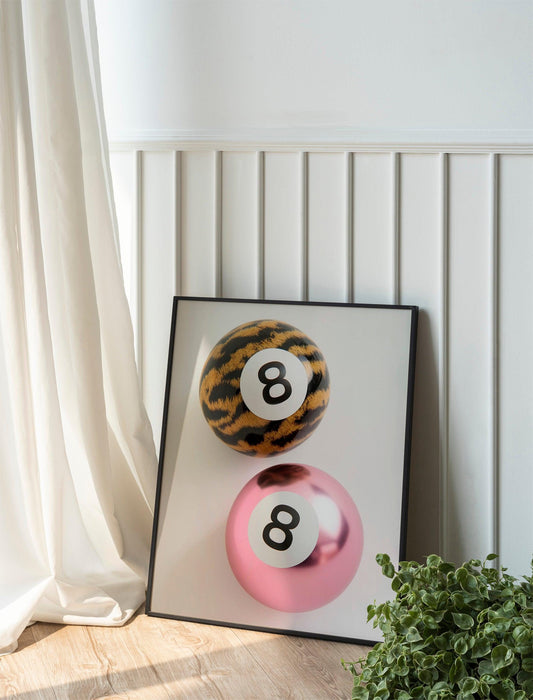 Funky 8 Ball Leopard Poster, Y2K Apartment Decor, Retro Pink Bedroom Art, Vintage Watercolor Print