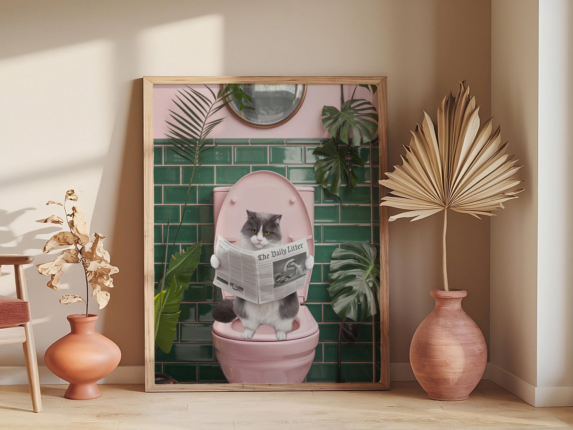 Funny Bathroom Cat Poster, Toilet Humor Wall Decor, Pooping Cat Print for Bathroom or Restroom Art.