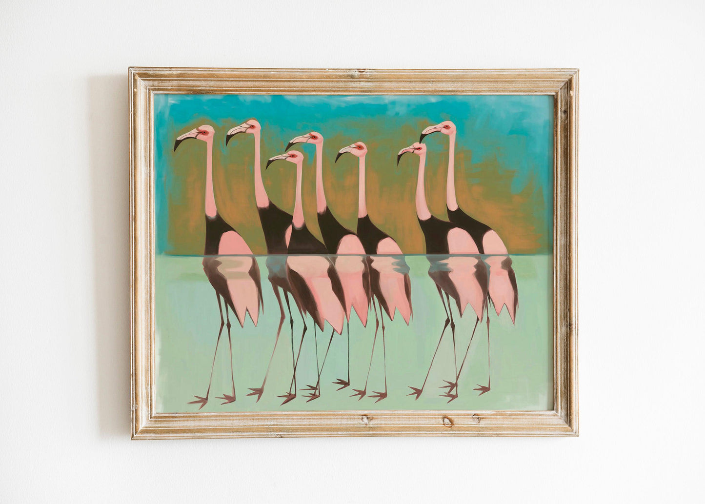 Japanese Flamingo Bird Art, Vintage Traditional and Abstract Styles, Blue Background Statement Wall Print